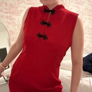Vintage Red Midi Dress with Black Frog Closure Detail, Fits Large